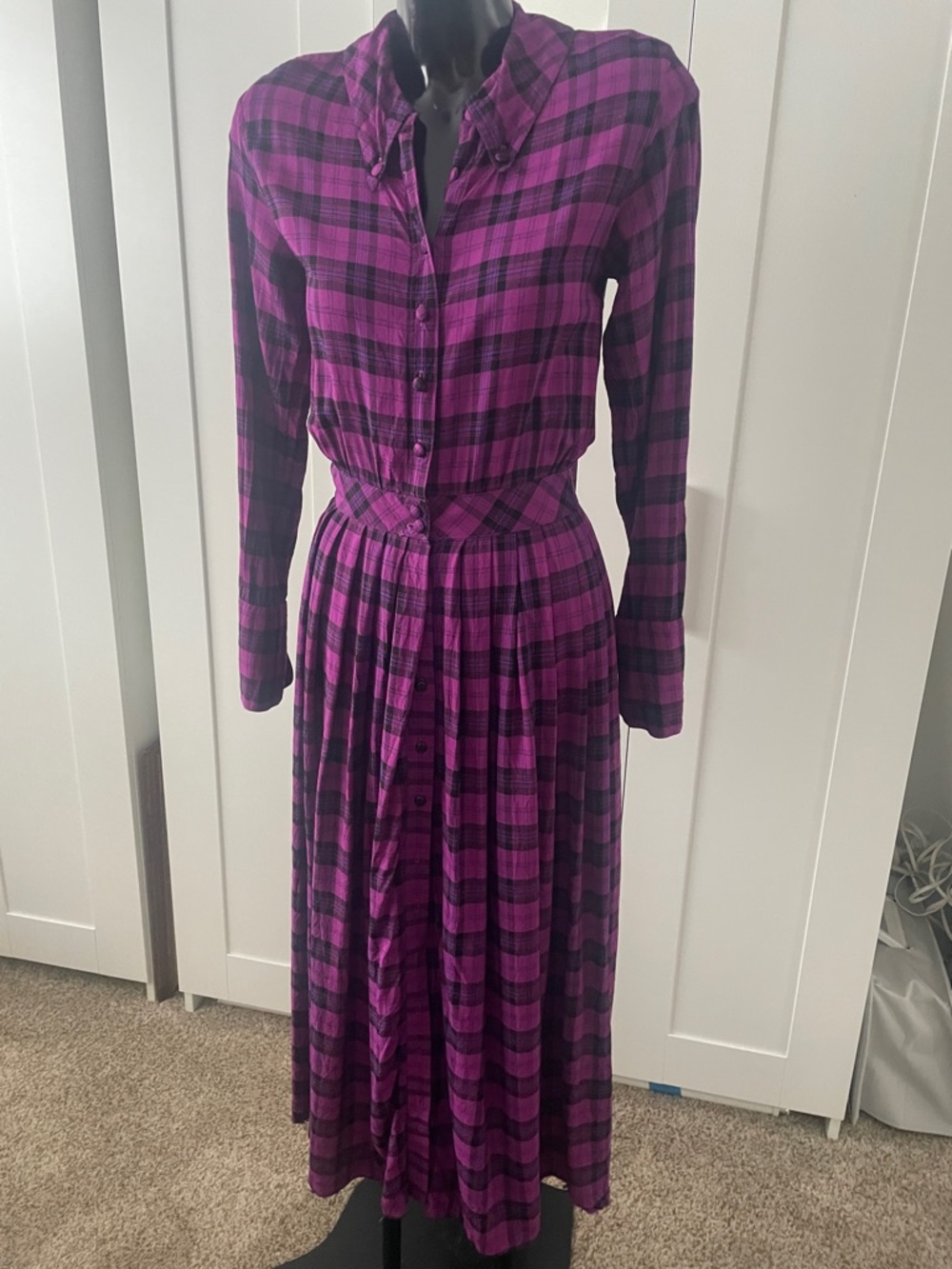 Eileen West Purple and Black Plaid Long Sleeve Button Dress